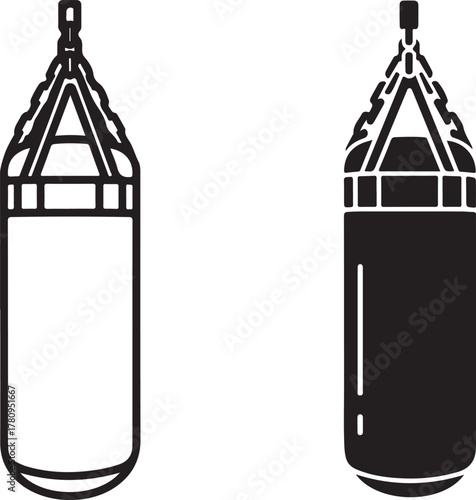 Punching bag vector icon featuring a heavy bag in both outline and solid black silhouette, suspended by chains, essential for boxing, fitness, gym, and martial arts training concepts and equipment de 