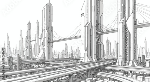 Modern suspension bridge in futuristic city, dynamic architectural perspective sketch.