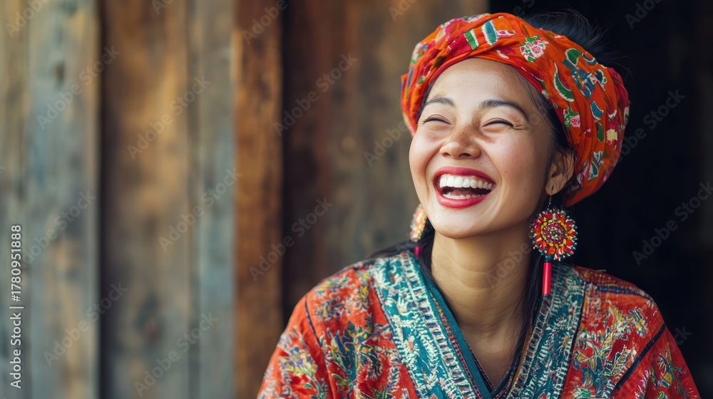 Fototapeta premium A woman in traditional clothing with a colorful headscarf and large earrings, smiling and looking to the side.