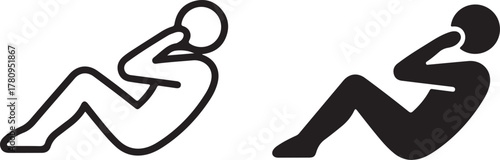Set of two icons representing a person doing a situp exercise, one in outline and the other in solid black, icon on