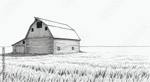 Lonely barn in wide open field, minimalist rural architectural illustration.