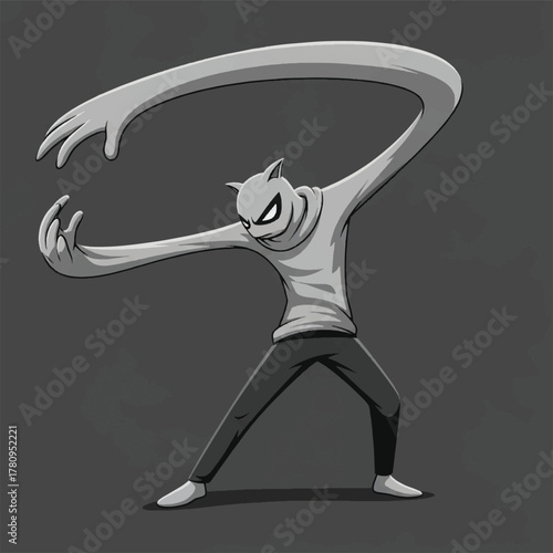 A cartoon character with a cat-like head and extremely long, flexible arms, striking a dynamic pose against a plain gray background.