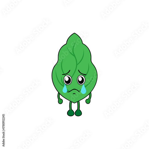Sad green leaf character crying tears isolated on white background