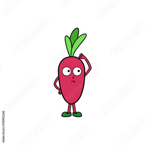 Confused cartoon radish character with green leaves and red body isolated on white background