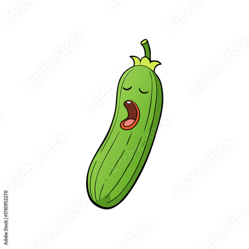 Cartoon zucchini character yelling or singing with eyes closed isolated on white background