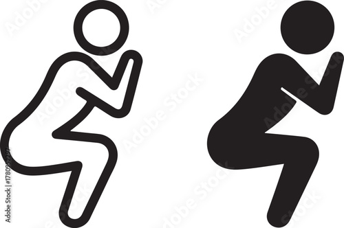 vector illustration of a person squatting or crouching, presented in both outlined and solid silhouette styles, symbolizing exercise, waiting, resting, or a specific human posture. isolated on white b