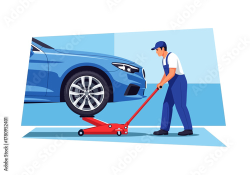 Blue Car Lifted by Red Hydraulic Jack for Repair