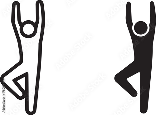 vector illustration of two abstract stick figures performing a yoga tree pose, one as a black outline and the other solid, separated by a vertical line, symbolizing balance, health, and wellness. 
