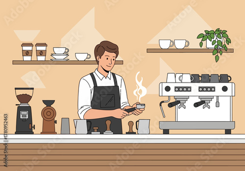 Cartoon barista preparing espresso with professional coffee machine.