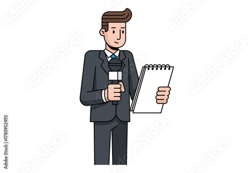 Cartoon News Reporter Holding Microphone and Notepad