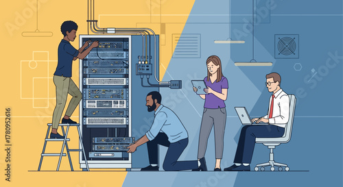 Team Working on Server Rack Maintenance and Network Infrastructure
