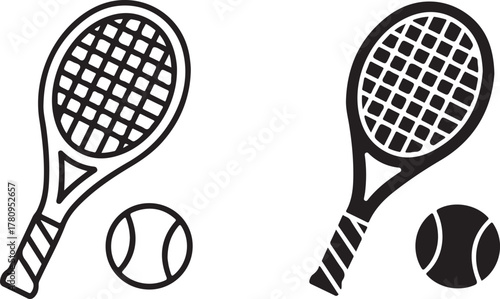 Tennis racket and tennis ball icon set, displaying both a clear outline and a solid black silhouette. essential graphic elements for sports, recreation, fitness, and game-related designs, vector art