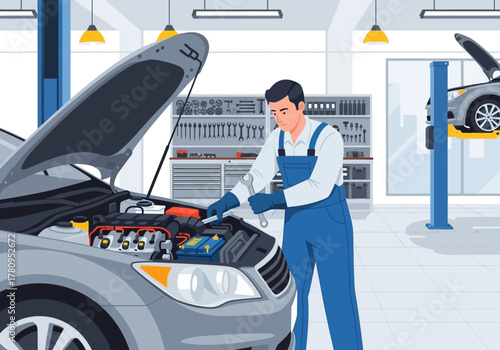 Mechanic Repairing Car Engine in Auto Repair Shop