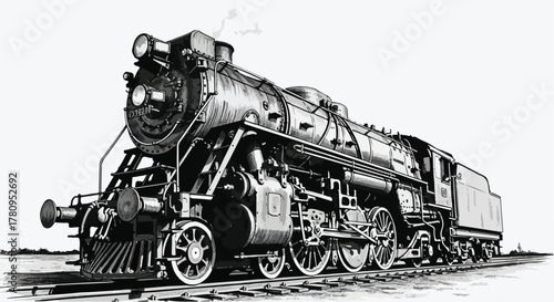 Classic steam locomotive side view, detailed mechanical line illustration.