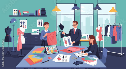 Fashion Designers Collaborating on New Designs in a Studio