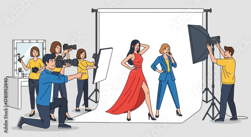 Fashion Photoshoot with Models and Photography Crew in Studio Setting