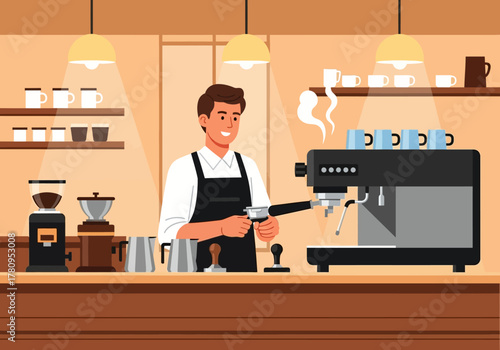 Smiling Barista Preparing Espresso with Professional Machine in a Coffee Shop