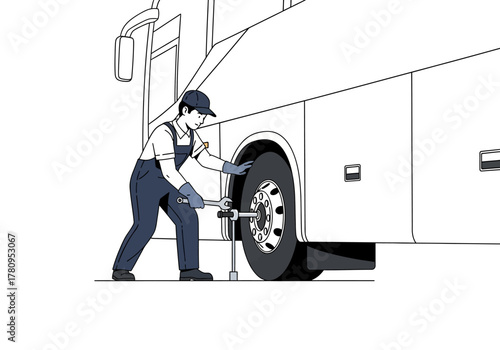 Mechanic Changing a Bus Tire with a Wrench and Jack