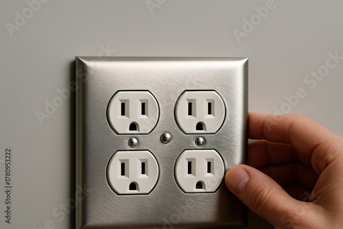 Installing a quad electrical outlet with a stainless wall plate during home interior upgrade