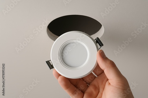 Installing a recessed LED downlight into a ceiling opening during modern home lighting upgrade