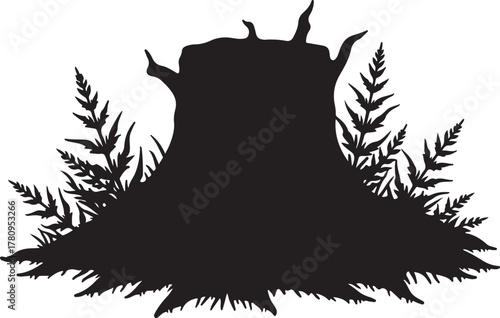 Black silhouette of tree stump with ferns and grass