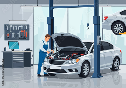 Mechanic Working on a White Car Engine in a Repair Shop