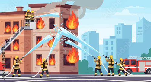 Firefighters Extinguishing Flames in a Burning Building with Water Hoses and Ladder Truck