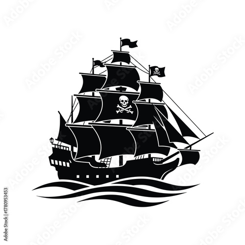 Classic pirate ship silhouette with skull and crossbones flag icon