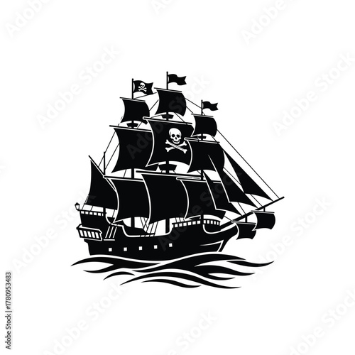 Black silhouette pirate ship with jolly roger flag sailing on waves.