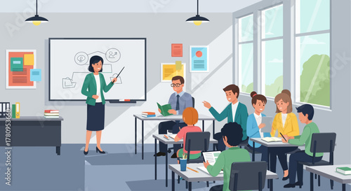 Classroom Scene with Teacher and Students Engaged in Learning Activities