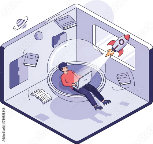Isometric illustration of a person working on a laptop with a rocket launching from the screen.