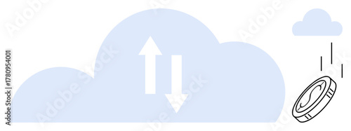 Large cloud with arrows indicating up and down data transfer, small cloud, and a digital coin falling. Ideal for data, storage, exchange, finance, cloud technology, networking and cryptocurrency