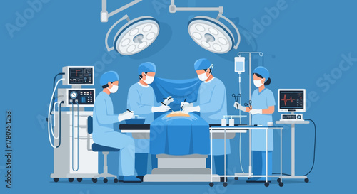 Surgical Team Performing Operation with Medical Equipment in Operating Room