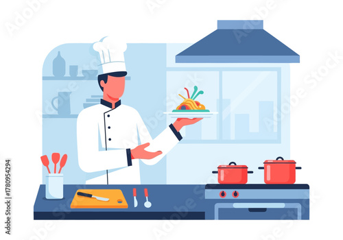 Chef Presenting Pasta Dish in Kitchen Setting