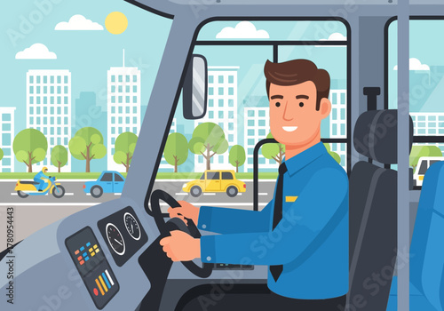 Smiling Bus Driver in Blue Shirt Driving Through City Streets