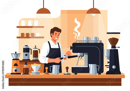 Smiling Barista Preparing Espresso at Coffee Shop Counter