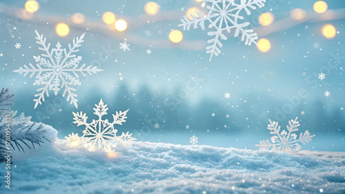 Winter holiday background with white snowflakes and frosty texture on pastel blue gradient.