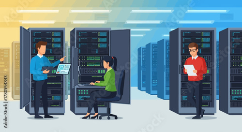 Data Center Team Working on Servers and Network Infrastructure