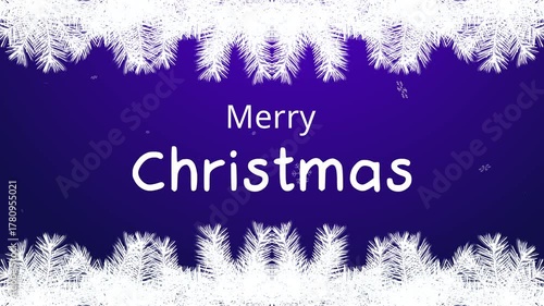 Animated video White pine branches. Festive night blue Christmas background. Snowflakes falling. Holiday mood. Merry Christmas text. Holiday greetings video for intros seasonal ads social media posts