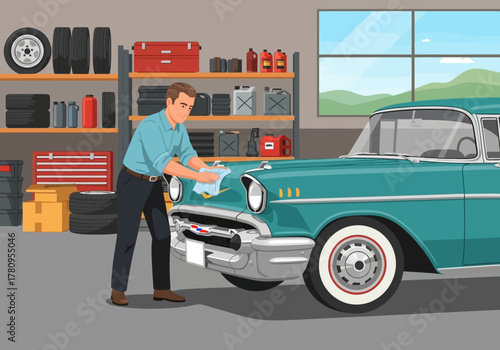 Man Polishing a Classic Turquoise Car in Garage