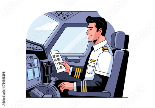 Airplane Pilot Reviewing Checklist in Cockpit Illustration
