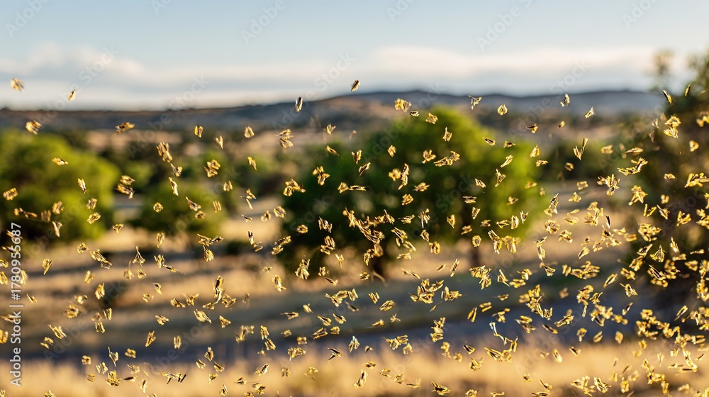 Obraz premium Golden seeds floating in the air, backlit by sunlight, in a vast rural landscape with trees and hills under a clear sky, wide perspective, copy space.