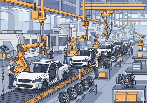 Automotive Assembly Line with Robotic Arms and White Cars