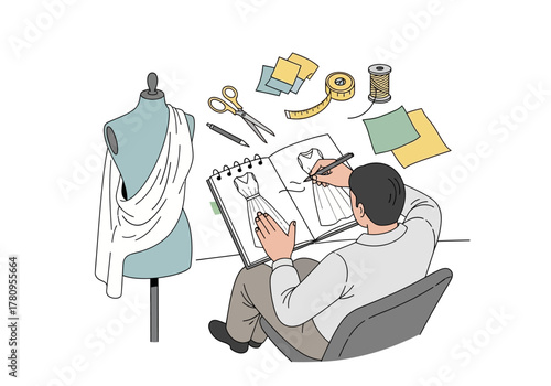 Fashion Designer Sketching Dress Designs in Studio with Mannequin and Tools