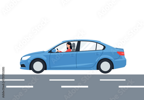 Blue Sedan Car with Woman Driver on Road