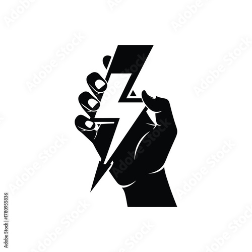 Hand holding lightning bolt icon, symbol of power and energy
