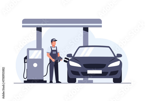 Gas Station Attendant Refueling a Dark Car at a Service Station