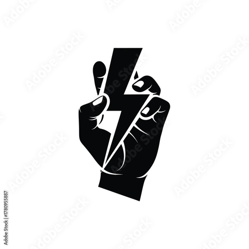 Human hand firmly grasping a black lightning bolt power symbol