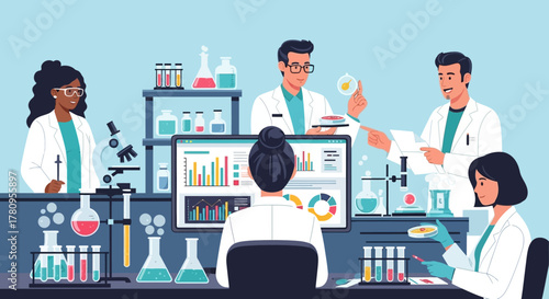 Team of Scientists Working in a Modern Laboratory with Equipment and Data Analysis
