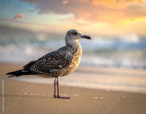 Bird standing on a sandy beach as ocean waves crash in background